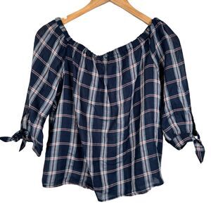PAIGE Antonia Blouse Size Medium Off The Shoulder Boho Plaid Tartan Top ¾ Sleeve